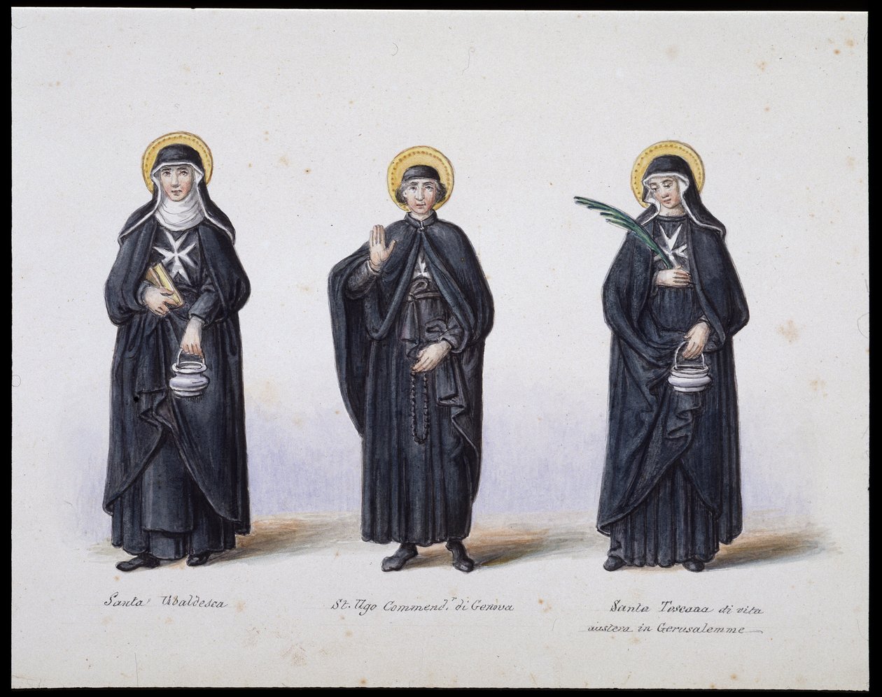 Kostuums: 1. Santa Ubaldesca, 2. St Ugo Commendant di Genova, 3. Santa Toscana di vita. 19e eeuw door Unknown artist