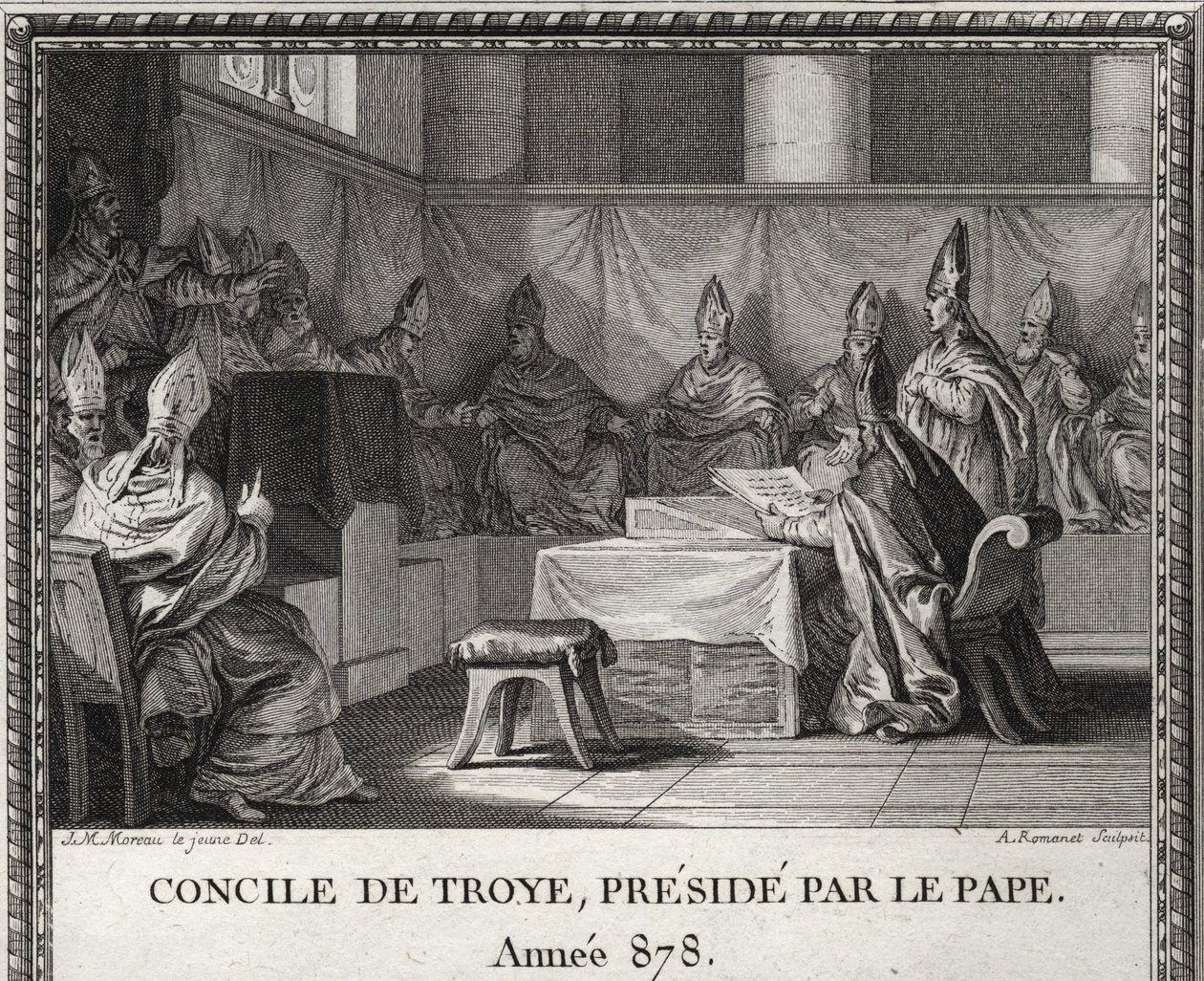 Raad van Troye op 7 september 878. In mei 878, paus Johannes VIII bedreigd door Saracenen en Italiaanse edelen, kwam onderdak zoeken in Arles onder hertog Boson en zijn vrouw Ermengarde. Hij begeleidt hem naar Troyes waar een grote raad wordt georganiseerd door Unknown artist