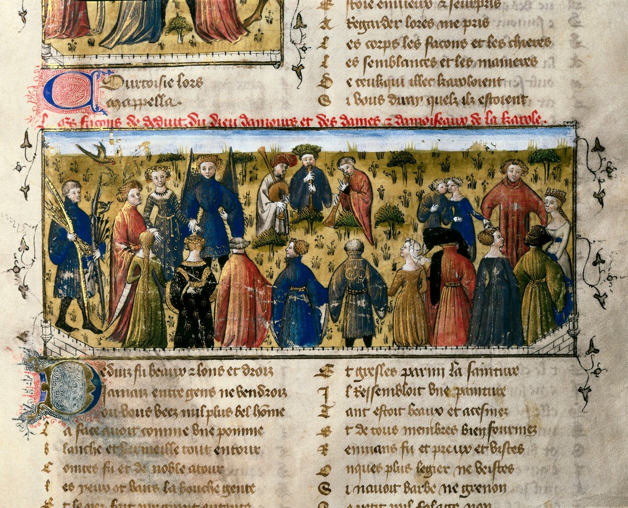 Hofvermaak: dansen en spelen. De scène vindt plaats in aanwezigheid van de goden van Liefde, Schoonheid, Bevrijding, Franchise, Hoffelijkheid en Jeugd. Miniatuur uit "De Roman van de Roos". door Unknown artist