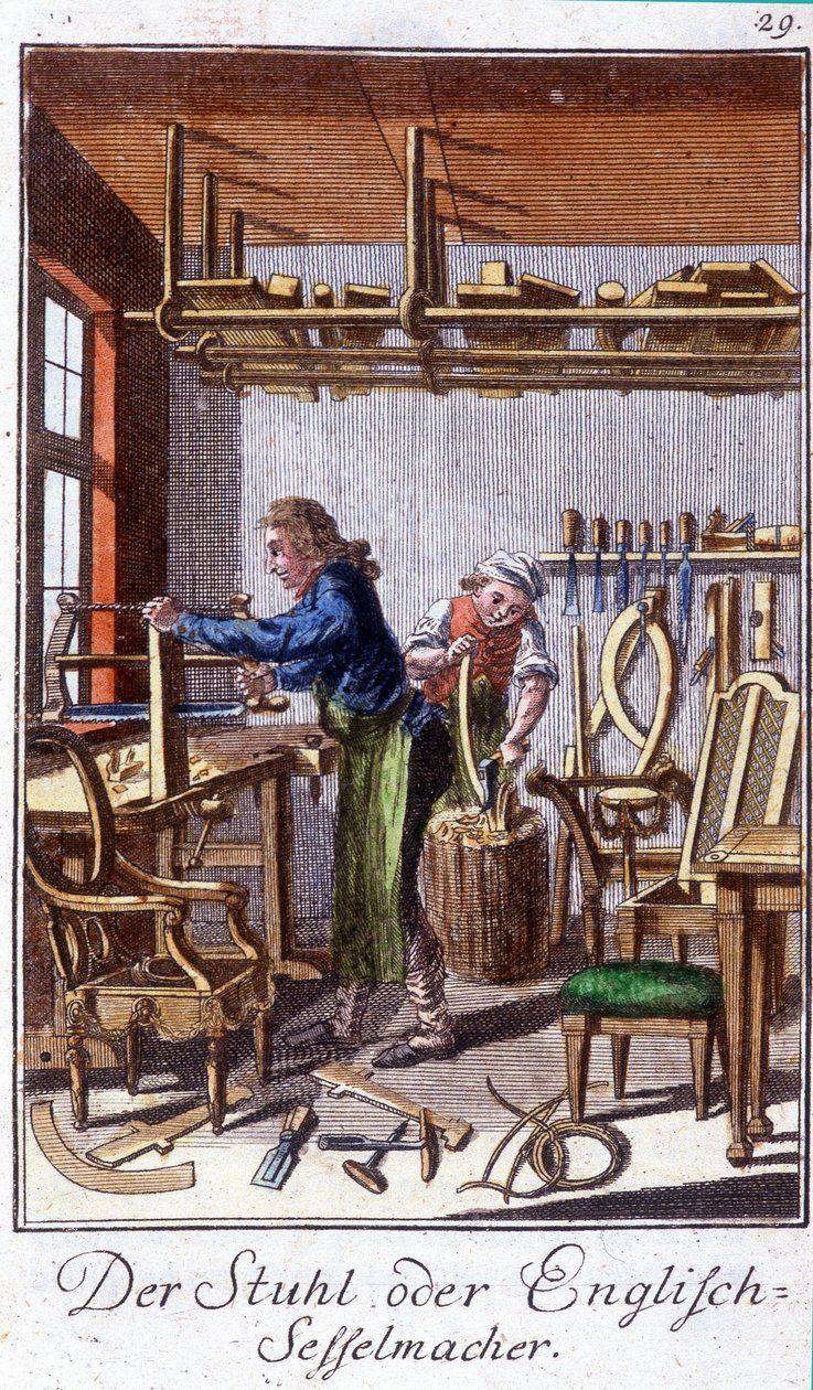 Ambachten: de stoelenmaker in zijn werkplaats. In 
