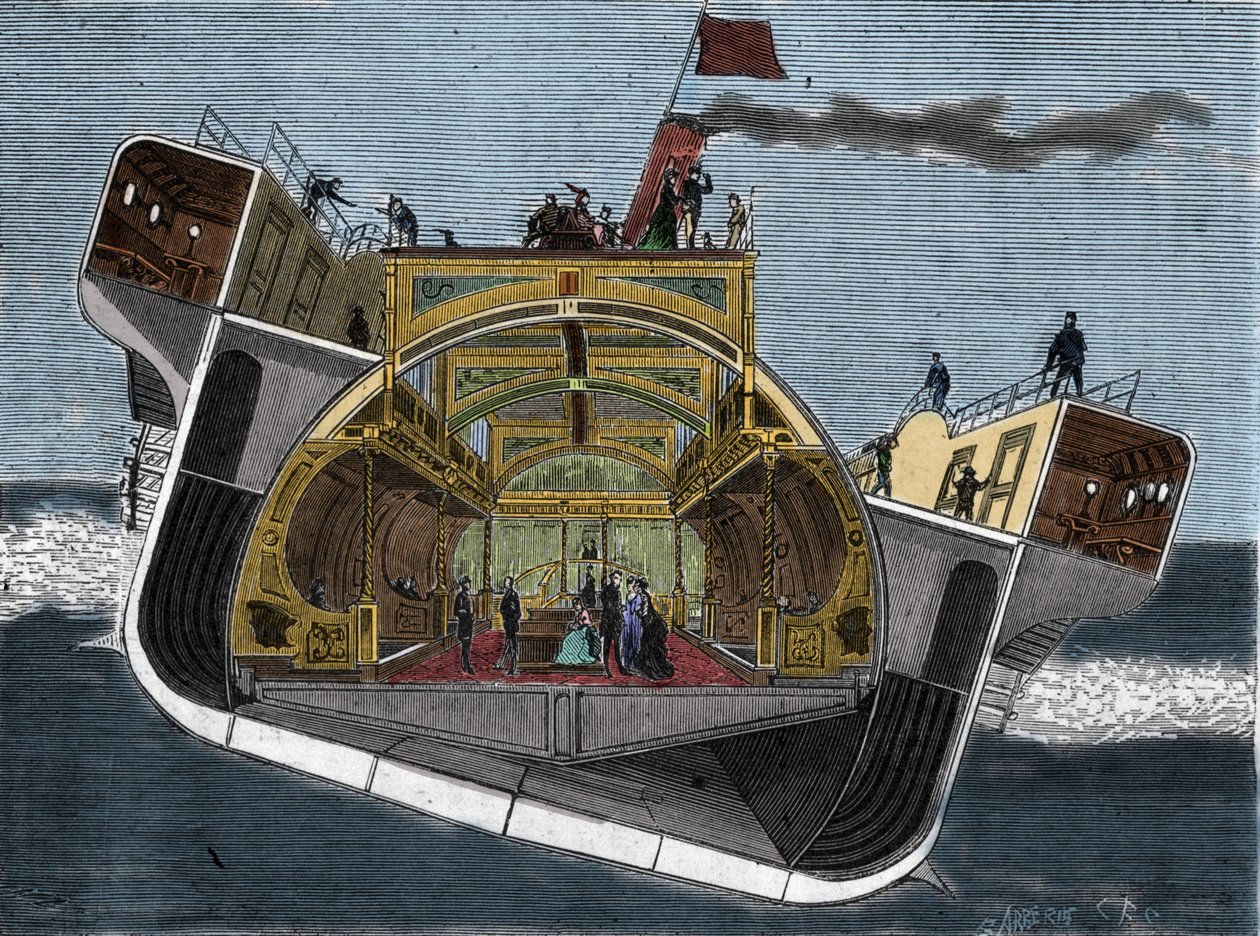 Doorsnede van een boot ontworpen tegen zeeziekte door Henry Bessemer (1813-1898). Gravure 19e eeuw. door Unknown artist