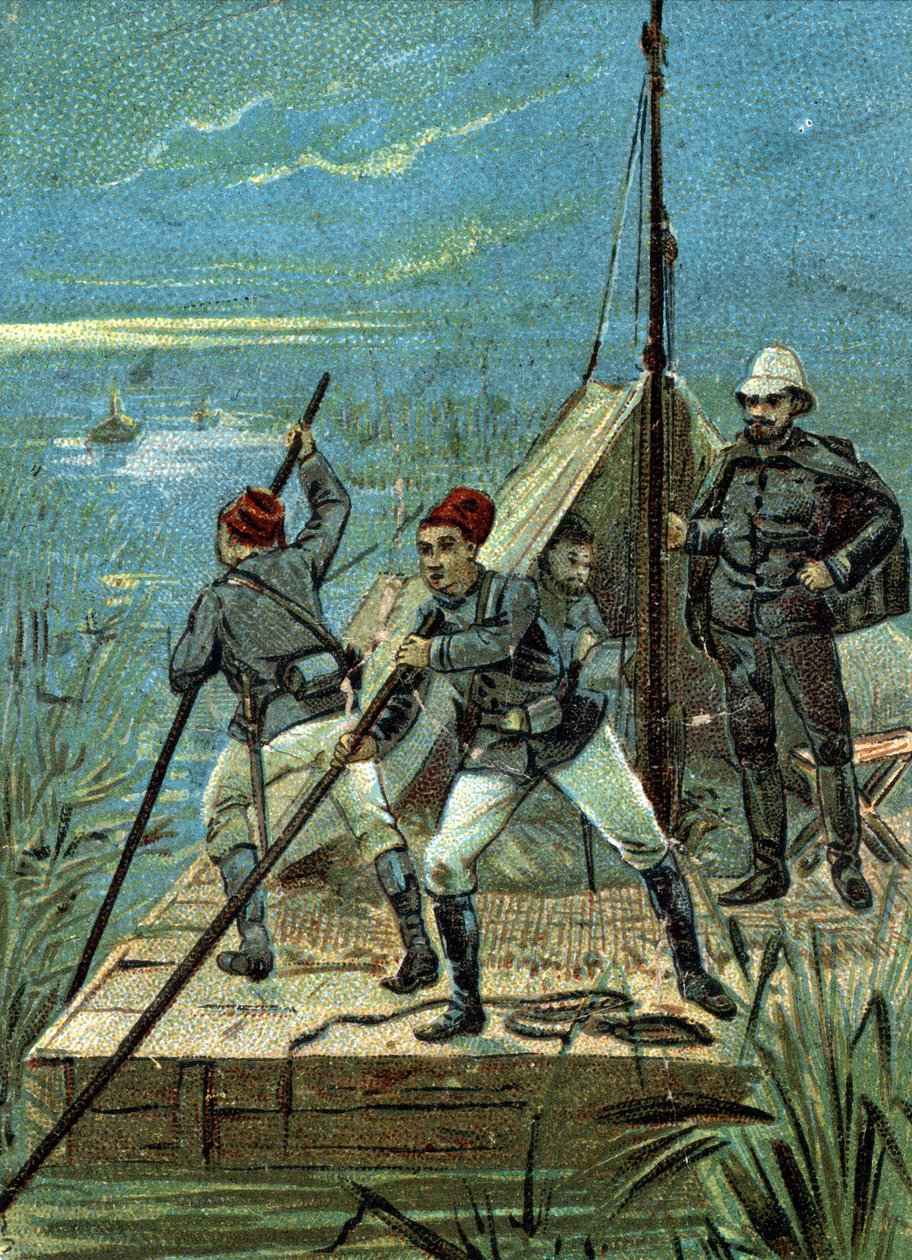 Oversteek van de moerassen van Bahr el Ghazal in Afrika door de Marchand-missie in 1899. Liebig chromolithografie van de 19e eeuw door Unknown artist