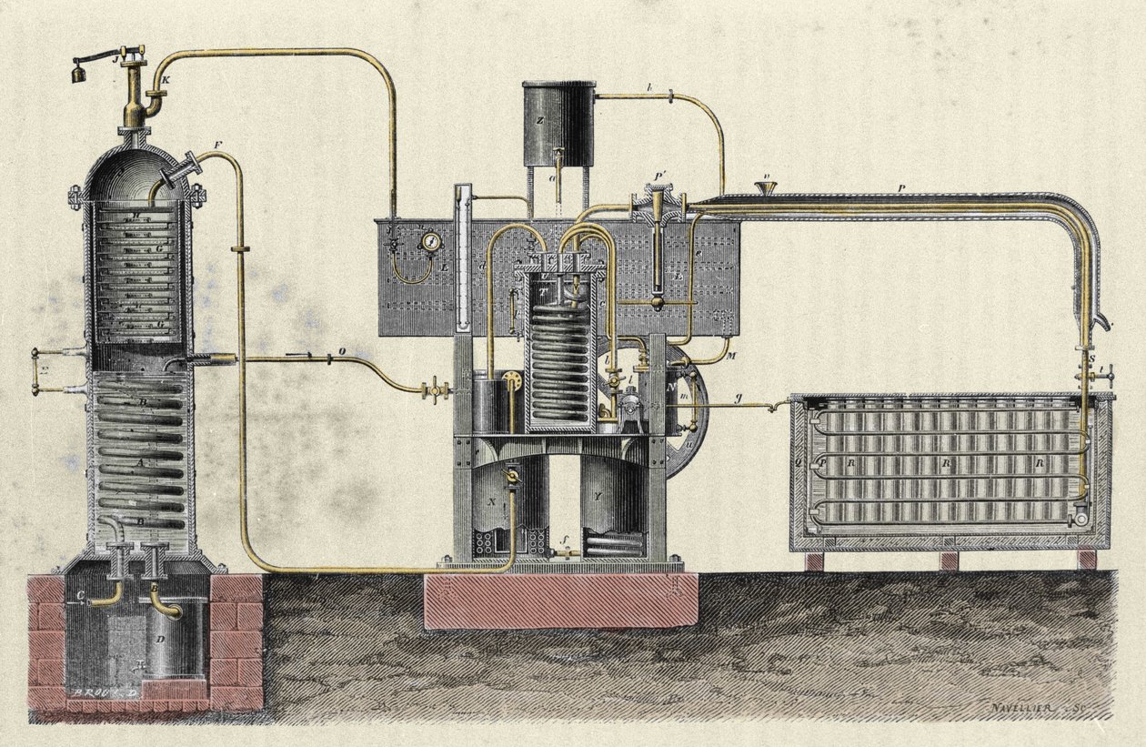 Snijden van het industriële apparaat van Ferdinand Carre (1824-1894) om ijs te maken. Gravure uit de 19e eeuw door Unknown artist