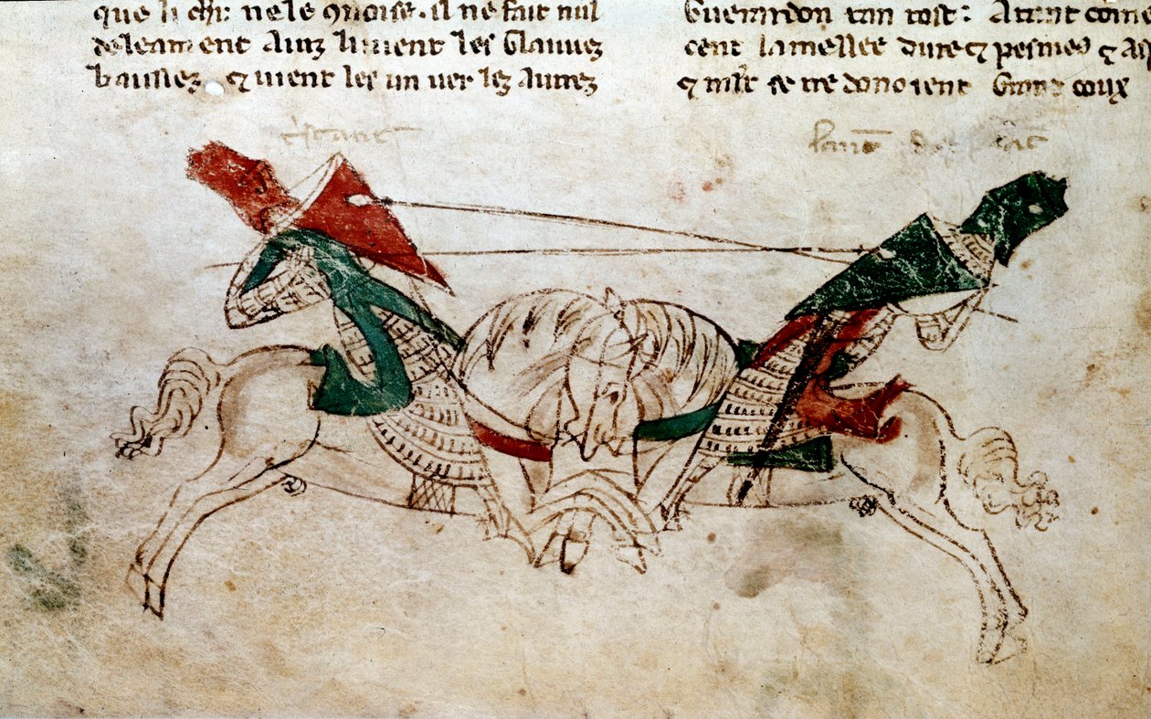 Cyclus van Koning Arthur: Slag van Lancelot en Tristan. Miniatuur uit De roman van Meliadus de Leonnoys: samen met verschillende andere nobele daden van ridder gedaan door Koning Arthur, Palamedes en Galliot de Pre door Rustichello door Unknown artist