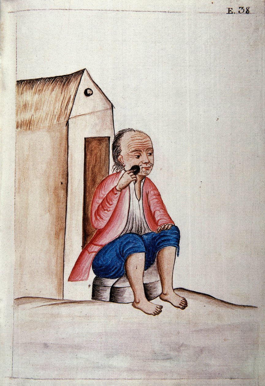 Dagelijks leven en gebruiken van Peru: "Indiaan scheert zijn baard op zijn stoep" Aquarel uit het boek "Trujillo del Peru" door Baltasar Martinez Companon y Bajanda, bisschop van Trujillo (1782-1785). 18e eeuw. Madrid, Biblioteca del Palacio Real door Unknown artist