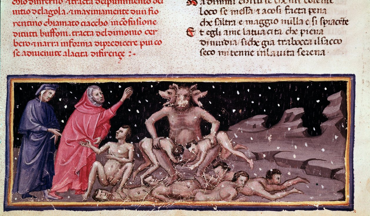 Dante en Virgil ontmoeten Ciacco en Cerberus met de gulzigen (lied 9 uit de Hel, in de Goddelijke Komedie) - miniatuur door Unknown artist