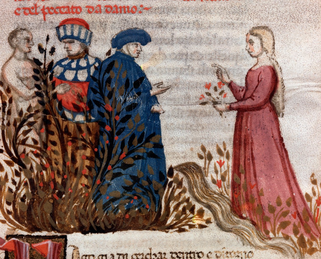 Dante ontmoet Matelda (lied 28 uit het Vagevuur, in de Goddelijke Komedie) - miniatuur door Unknown artist
