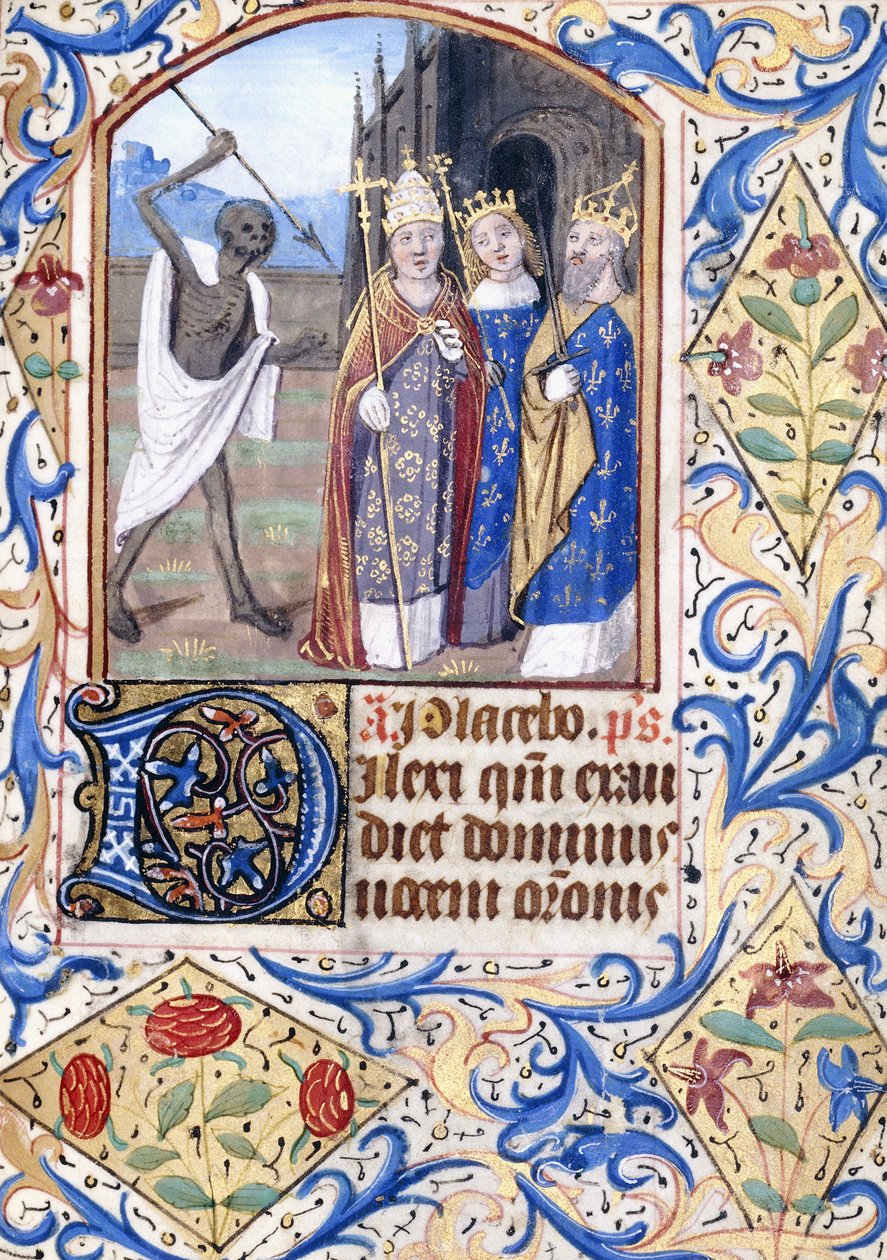 De dood met zijn speer wijzend naar drie figuren, een paus, een koning, een koning en een koningin, staand voor een gotische kerk, c.1470 door Unknown artist