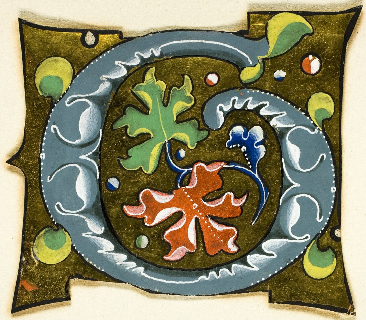 Gedecoreerde initiaal "G" in grijs met rode, groene en blauwe bladeren uit een manuscript door Unknown artist