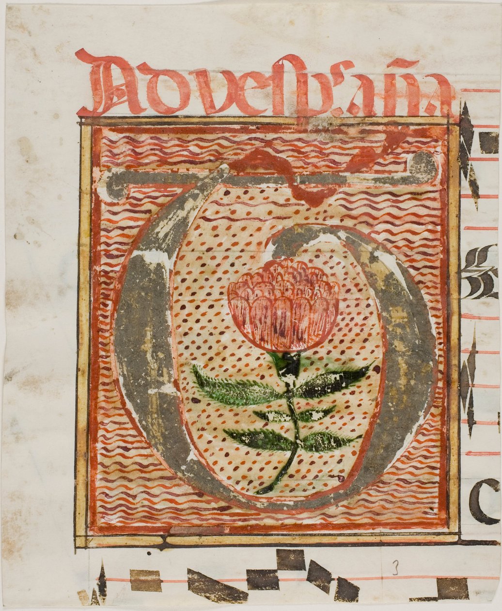 Versierde initiaal "T" met bloem uit een manuscript door Unknown artist