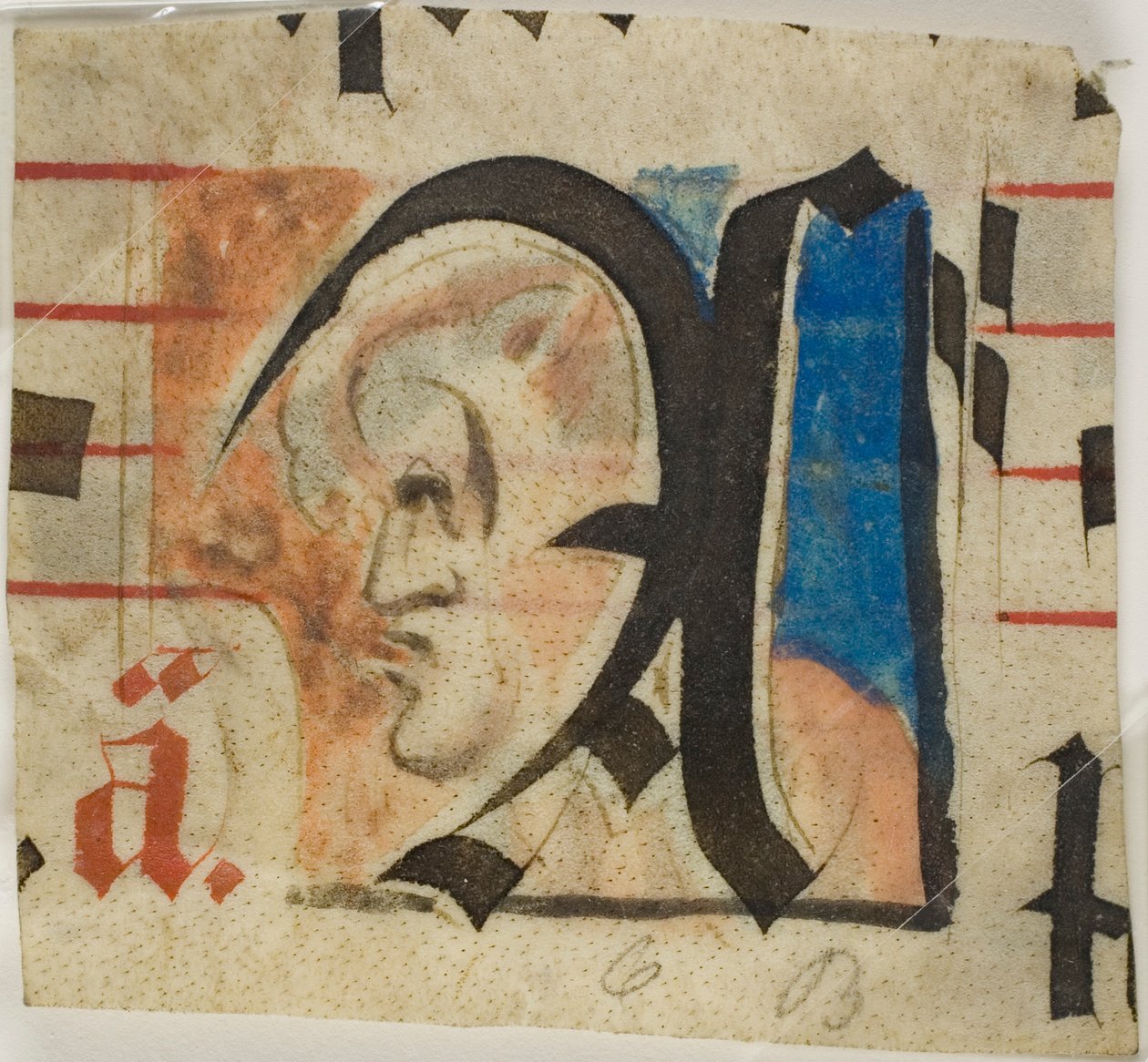 Versierde initiaal met grotesk profiel uit een koorboek door Unknown artist