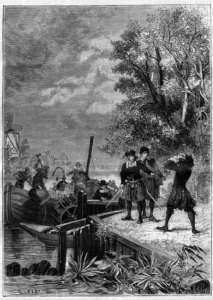 Denis Papin (1647-1712) natuurkundige, wiskundige en Franse uitvinder, bekijkt zijn boot uitgerust met zijn nieuwe uitvinding, een stoommachinesysteem dat nog onbekend is, vernietigd door schippers om enkele stukken te verkopen. Gravure in "La Nature" door Unknown artist