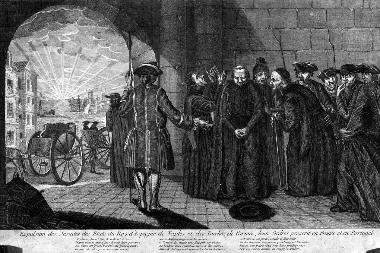 Deportatie van de Jezuïeten op 21/07/1773: Uitdrijving van Jezuïeten uit de staten van de Koning van Spanje, Napels en het Hertogdom Parma, hun Ordes verboden in Frankrijk en Portugal. Gravure uit het begin van de 19e eeuw door Unknown artist