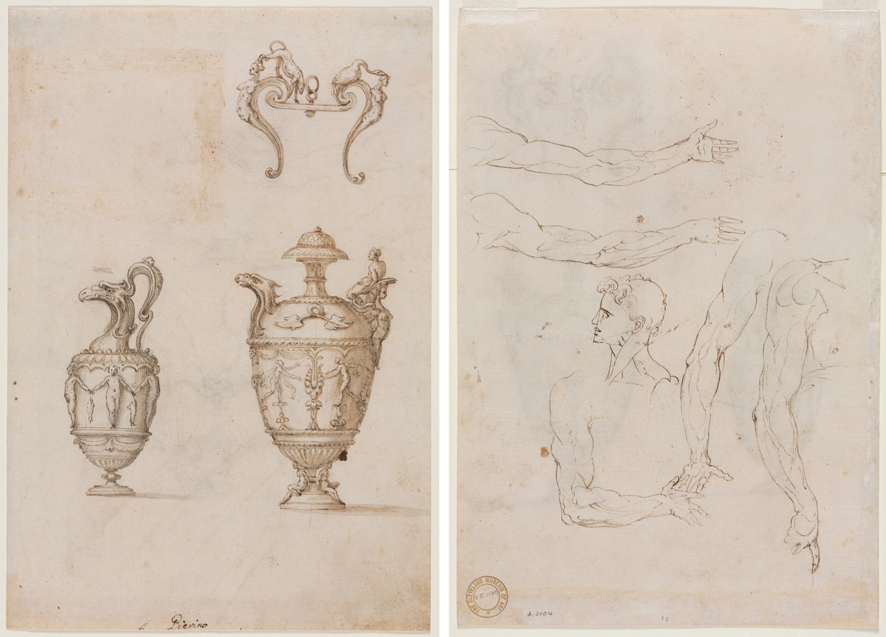 Ontwerp voor twee vazen en een ornament (recto); Schetsen van vijf armen en een hoofd (verso) door Unknown artist