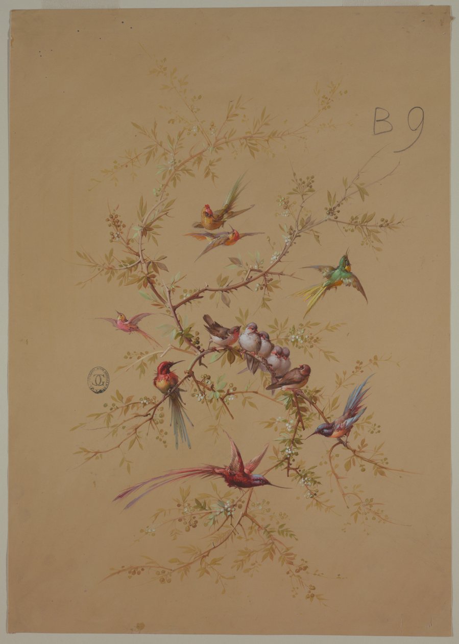 Ontwerp voor Behang en Textiel: Bloemen en Vogels door Unknown artist