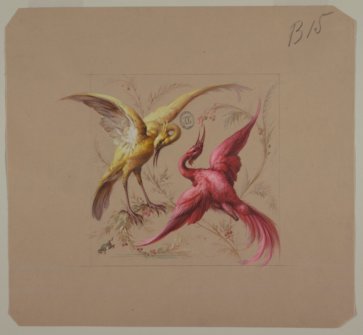 Ontwerp voor behang en textiel: Bloemen en vogels door Unknown artist
