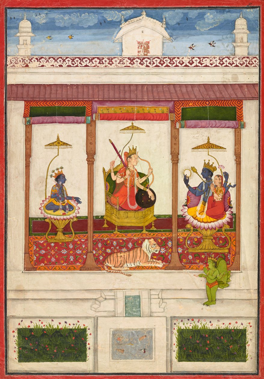 Devi met Krishna en Vishnu in een paleis door Unknown artist