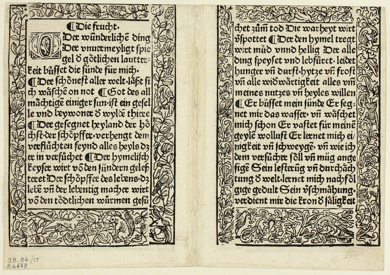 Devotionele passages met sierranden uit Andächtig Zeitglöcklein des Leben und Leidens Christi, Plate 17 from Woodcuts from Books of the 15th Century door Unknown artist