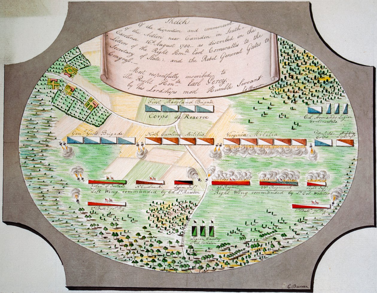 Schema van de gevechtslinies van de Slag om Camden, South Carolina, op 16 augustus door Unknown artist