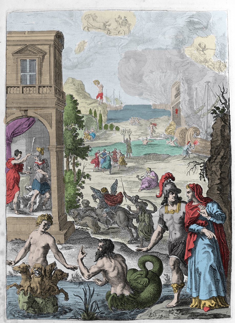 Verschillende metamorfosen, op de voorgrond Scylla en de zeegod Glaucos verliefd op haar, op de achtergrond de opgehangen Iphis afgewezen door Anaxarete. Illustratie uit boek XIV van “Metamorfosen” (Metamorfosi) door Ovidius (43 v.Chr.-17 n.Chr.). Gravure door Unknown artist