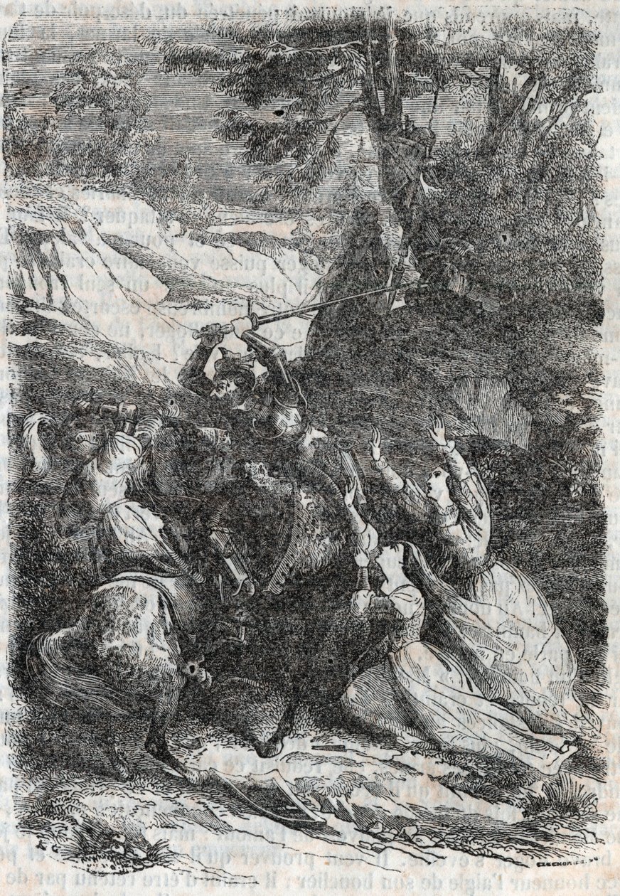 Doralice en Isabelle willen Mandricard en Zerbin scheiden - gravure van 1851 uit 