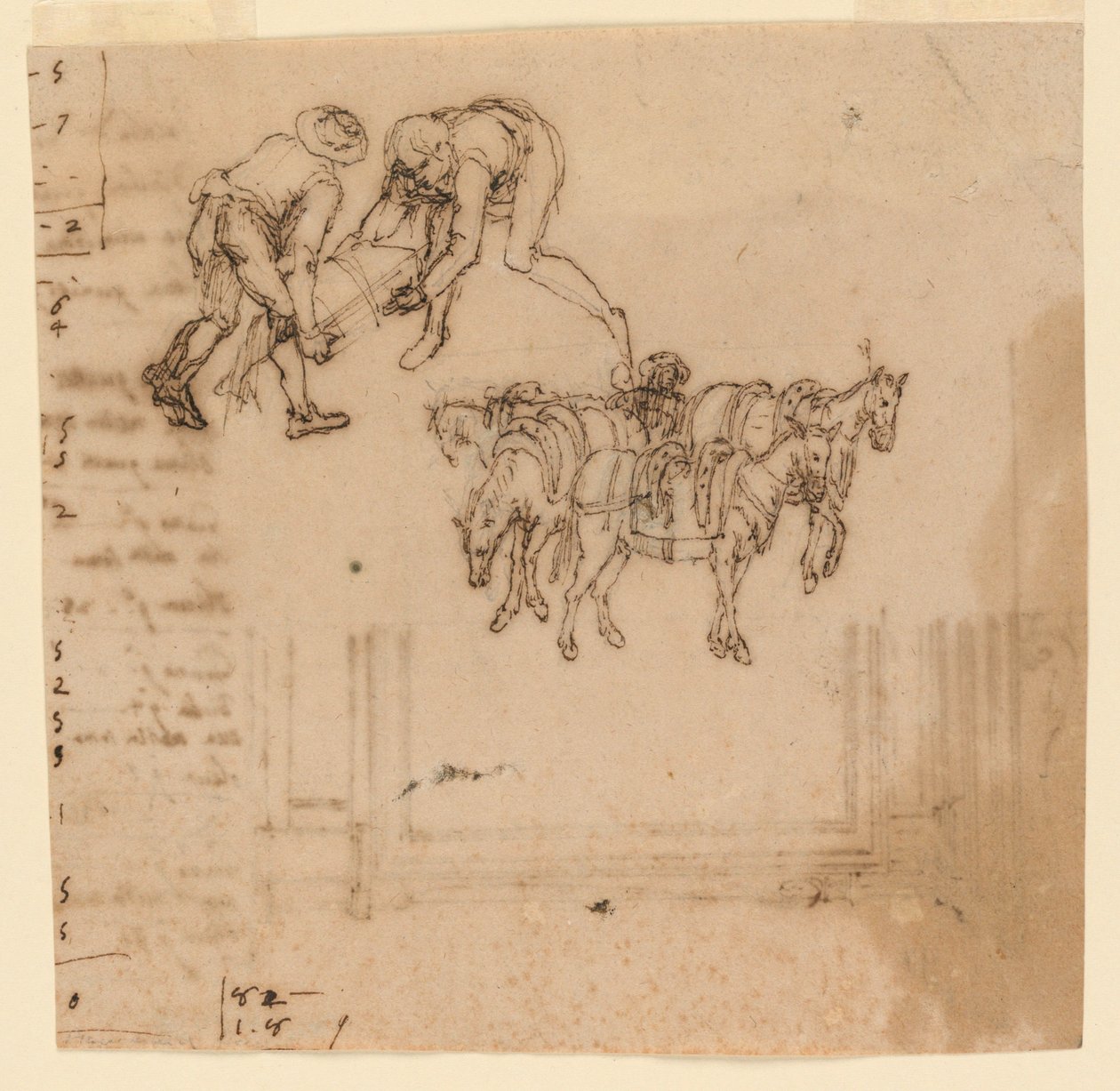 Tekening: A) Twee Mannen die een Koffer Dragen; Vier Muilezels met een Voerman. B) Ontwerp voor een Lijst door Unknown artist
