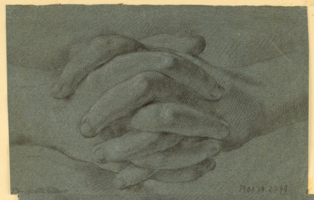 Tekening: Een studie van gevouwen handen door Unknown artist
