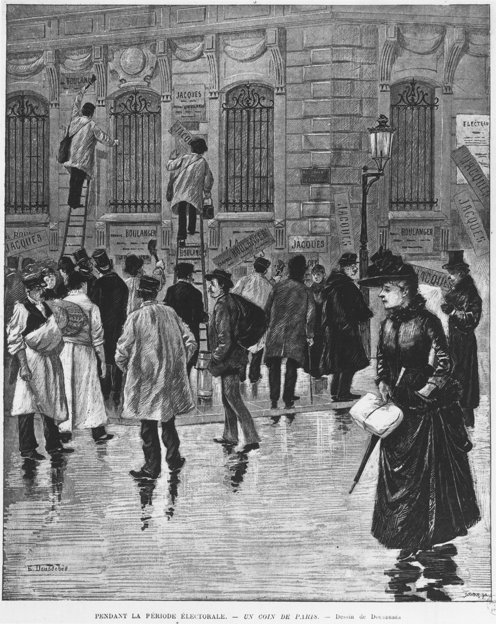 Tijdens de verkiezingsperiode in Parijs; posterplakkers tijdens de verkiezing van 27 januari 1889, hoogtepunt van de bakkerijcampagne - Musee Carnavalet. door Unknown artist