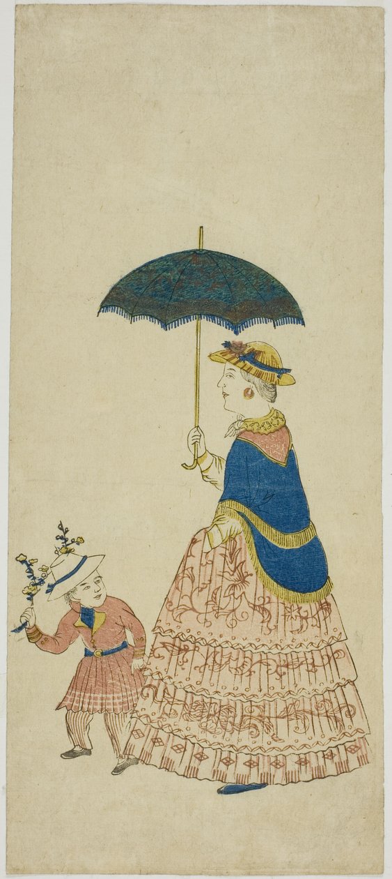 Dutch Lady Carrying Parasol with Little Boy 阿蘭陀婦人と子供 (Orando fujin to kodo mo) door Unknown artist
