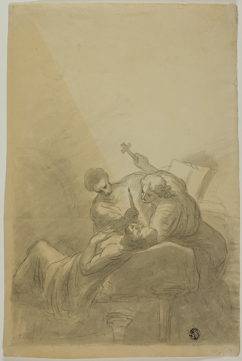 Stervende man bijgestaan door twee figuren met kaars, boek en kruis door Unknown artist