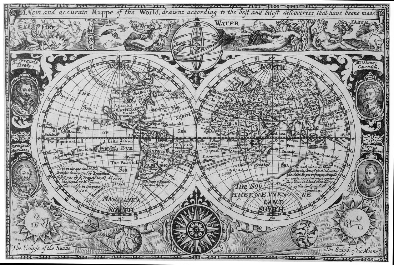 Vroege 17e-eeuwse wereldkaart, naar Mercator, met portretten van ontdekkingsreizigers (Drake, Magellan, Thomas Cavendish en Oliver van der Nort), de elementen en eclipsen door Unknown artist