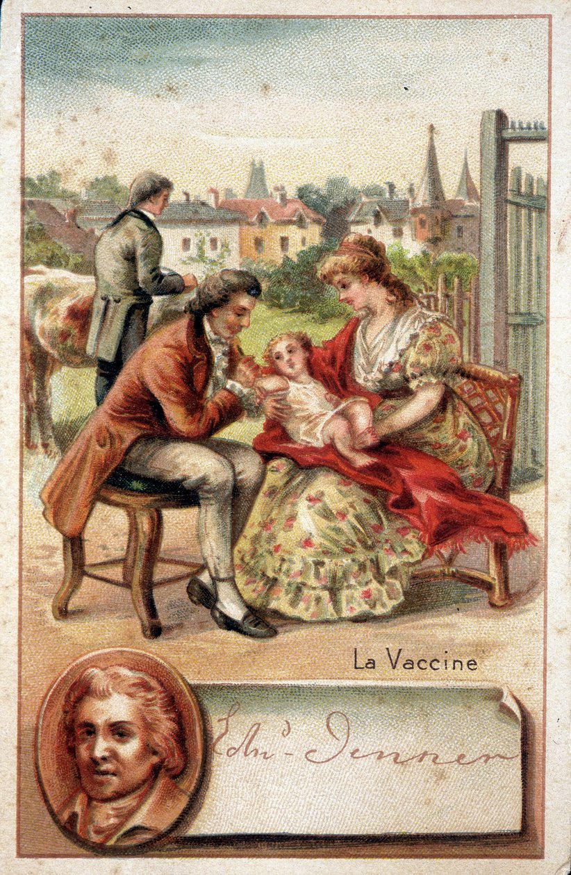Edward Jenner (1749-1823), een Engelse arts, vaccineert een kind tegen het pokkenvirus in 1796. door Unknown artist