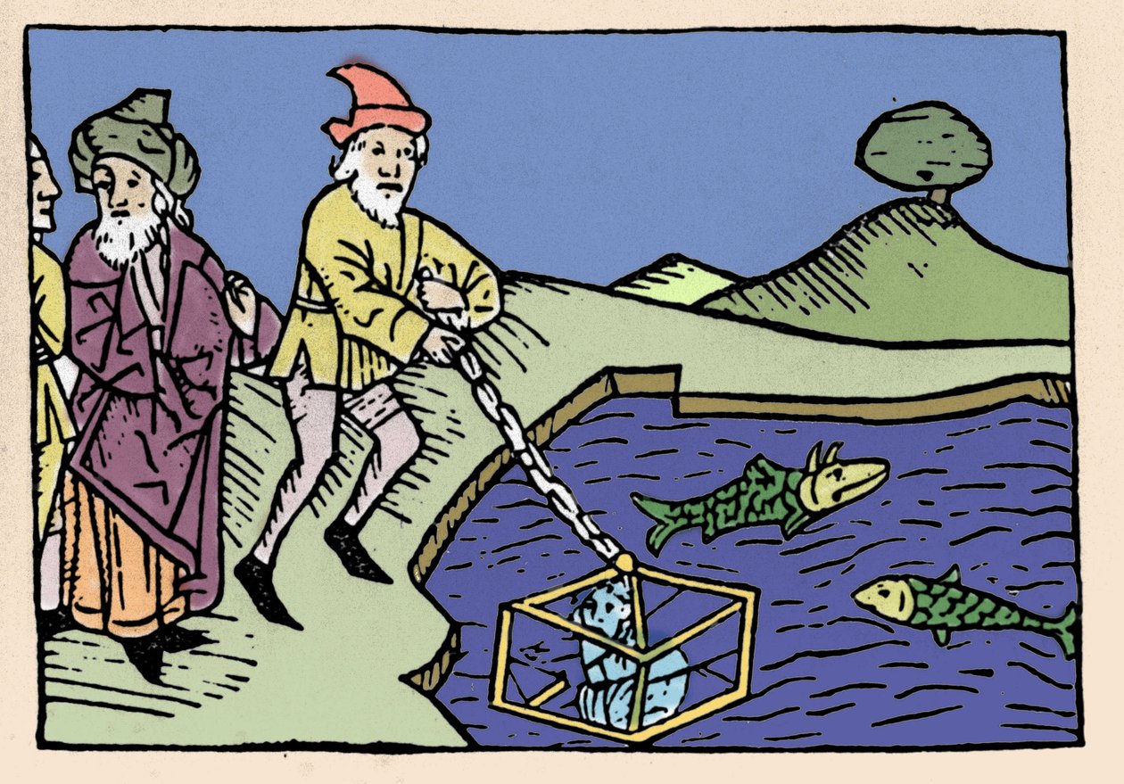 Keizer Alexander de Grote (356-323 v.Chr.) in zee gezet in een vat (bel). Xylografie uit de 15e eeuw door Unknown artist