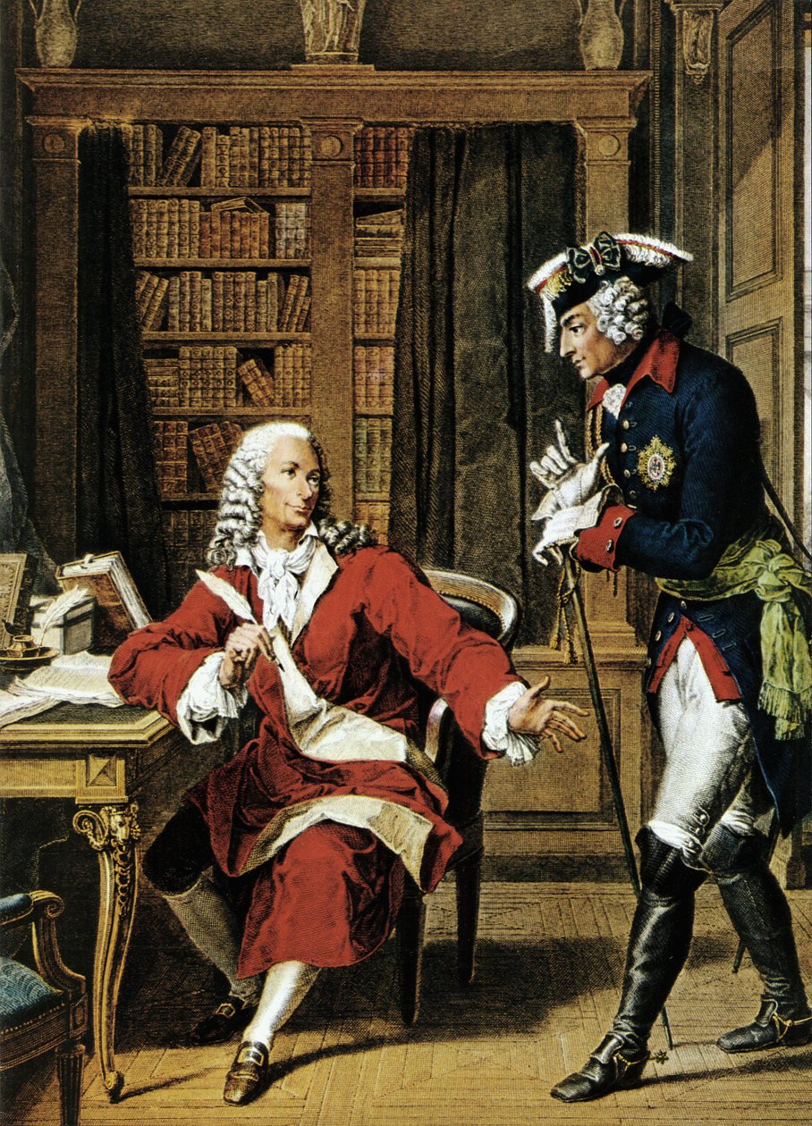 Keizer Frederik II de Grote (1712 - 1786) bezoekt de filosoof Voltaire (1694 - 1778). Ets uit de 18e eeuw. door Unknown artist