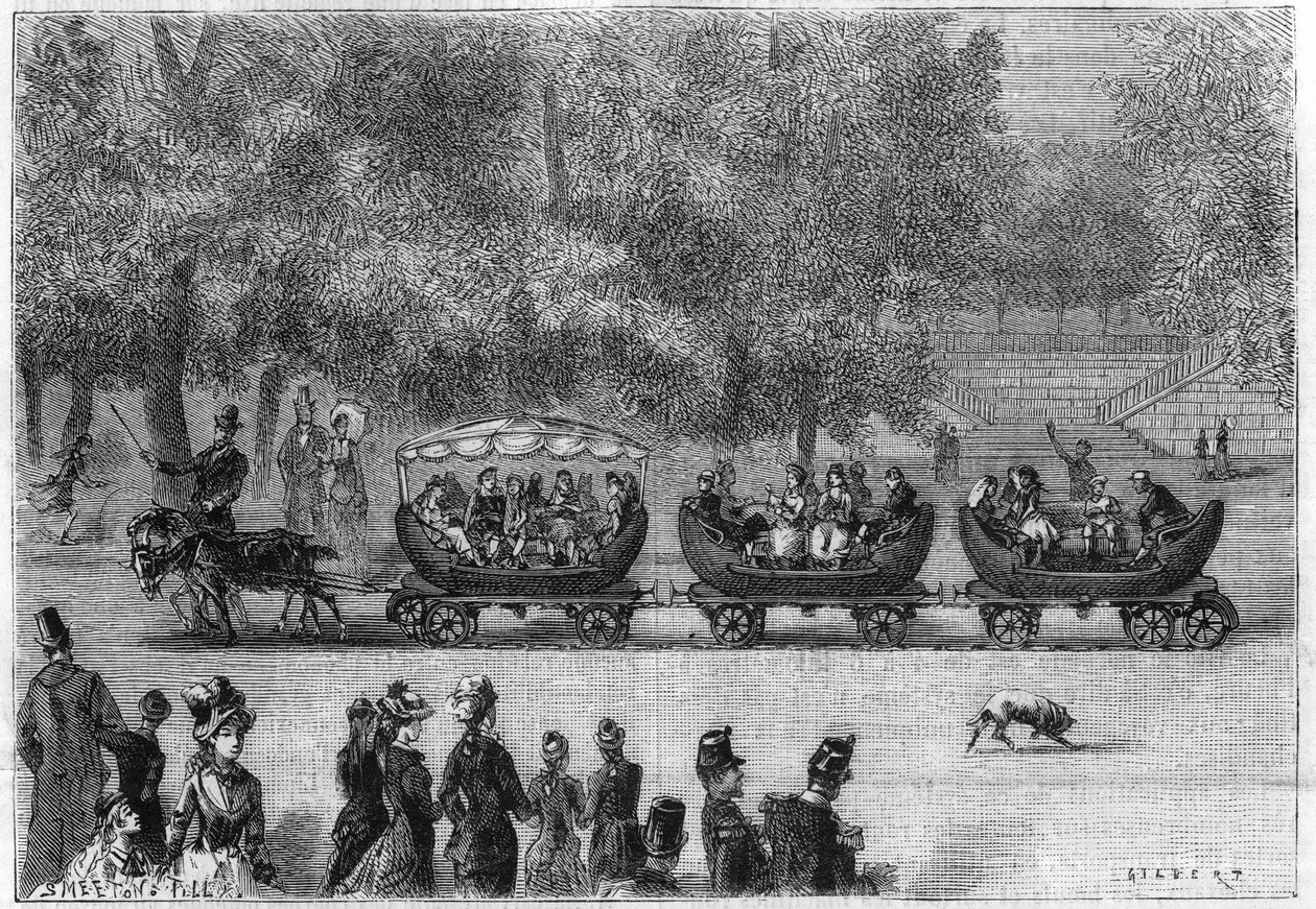 Eindeloze rails aangepast aan een trein van wagens getrokken door geiten in de Tuilerieën in Parijs (door de natuur). Gravure in 