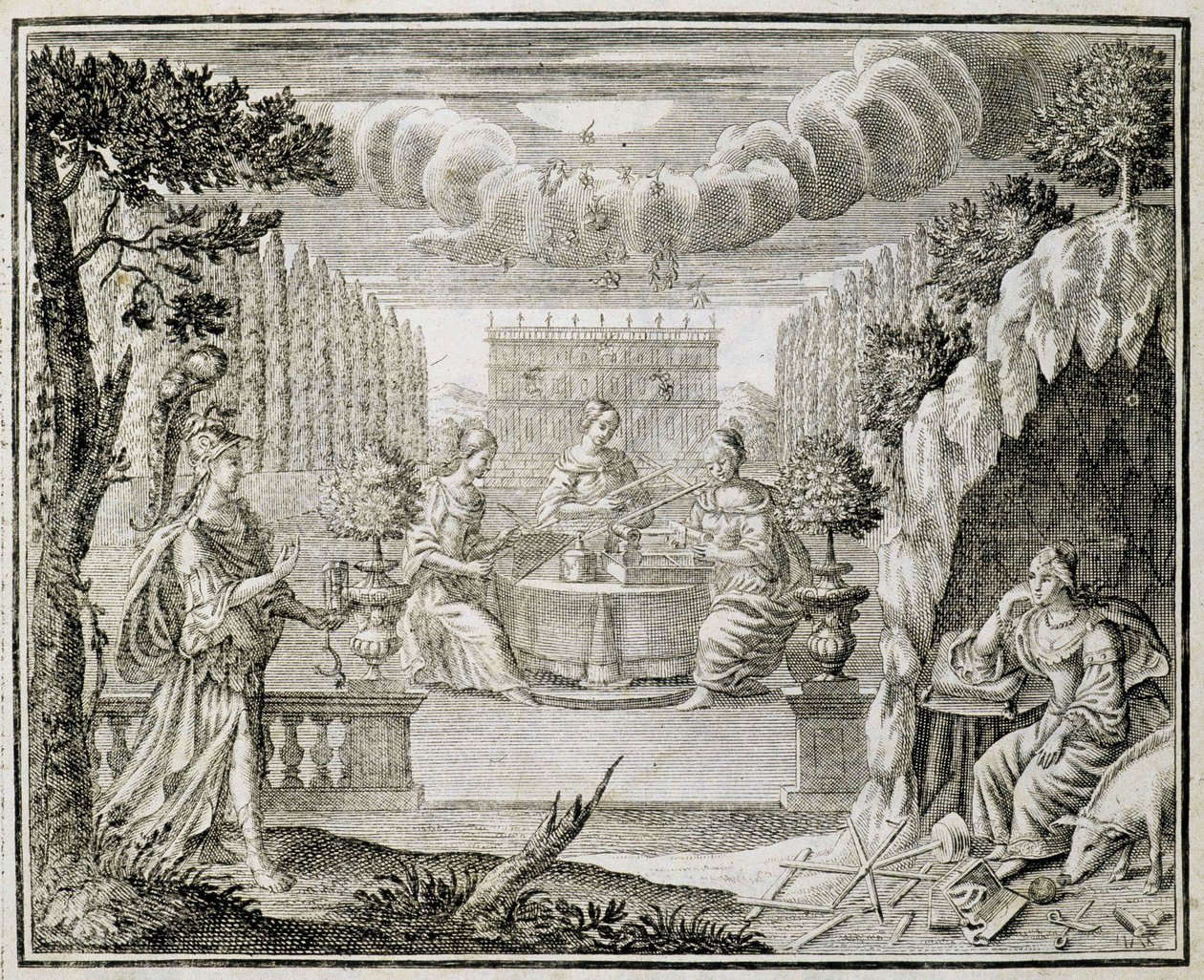Gravure die vrouwen voorstelt die aan een weefgetouw werken. Begin 18e eeuw door Unknown artist