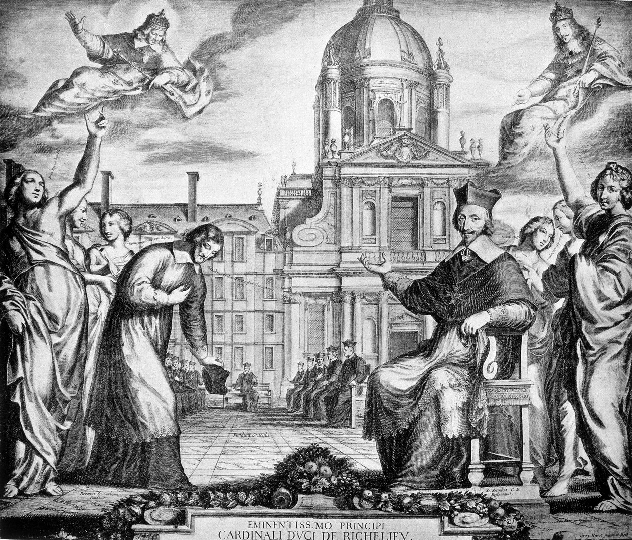 Gravure ter ere van kardinaal Richelieu voor het herstel van de Sorbonne in Parijs, in opdracht van Lemercier, voltooid in 1642. door Unknown artist