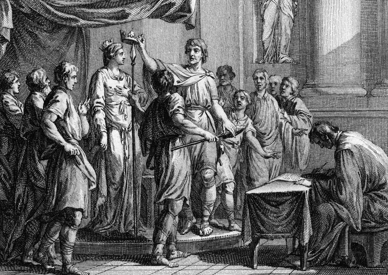 Oprichting van de Salische Wet, opgesteld door Clovis in 508. Het behandelt voornamelijk de problemen van procedures met betrekking tot eigendom en personen, en het behandelt erfrechten voor land dat alleen aan mannen kan worden doorgegeven door Unknown artist