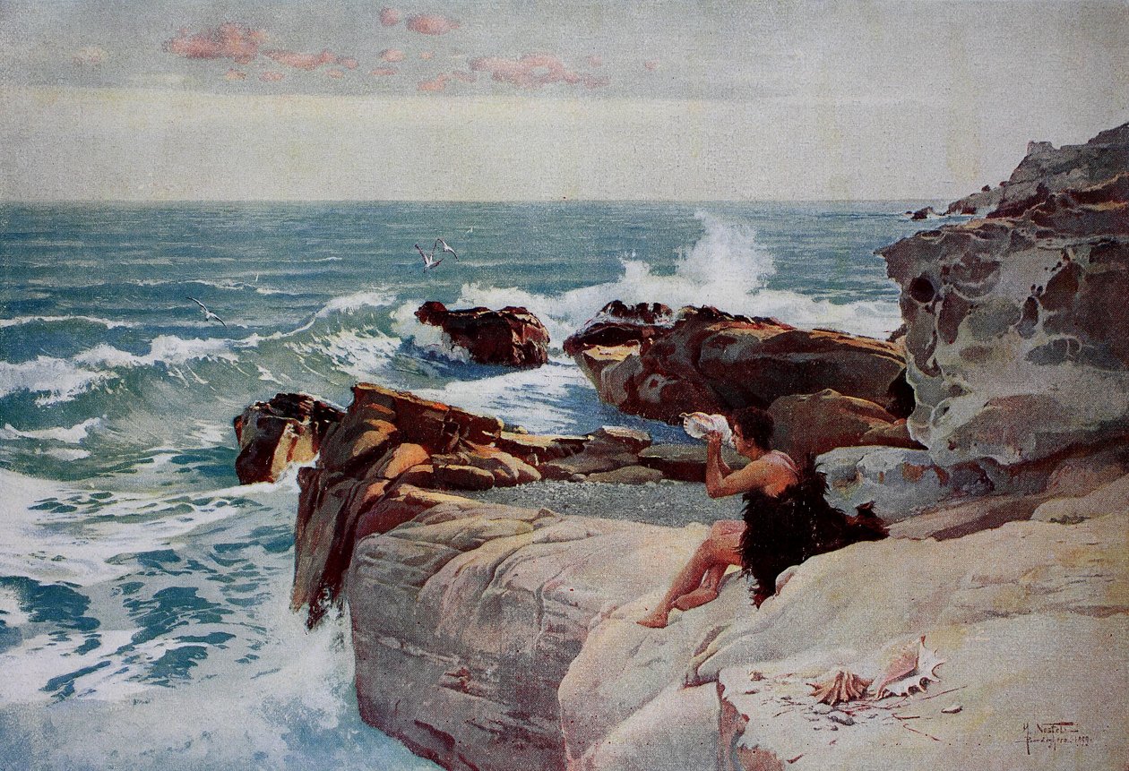 Avond aan zee, jonge man met een grote schelp zittend aan de kust door Unknown artist