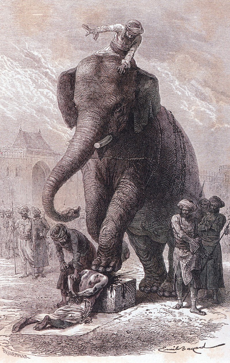 Executie in India: misdadigers worden geëxecuteerd: hun hoofd wordt geplet door een olifant geleid door zijn karnac, gravure 1875 door Unknown artist