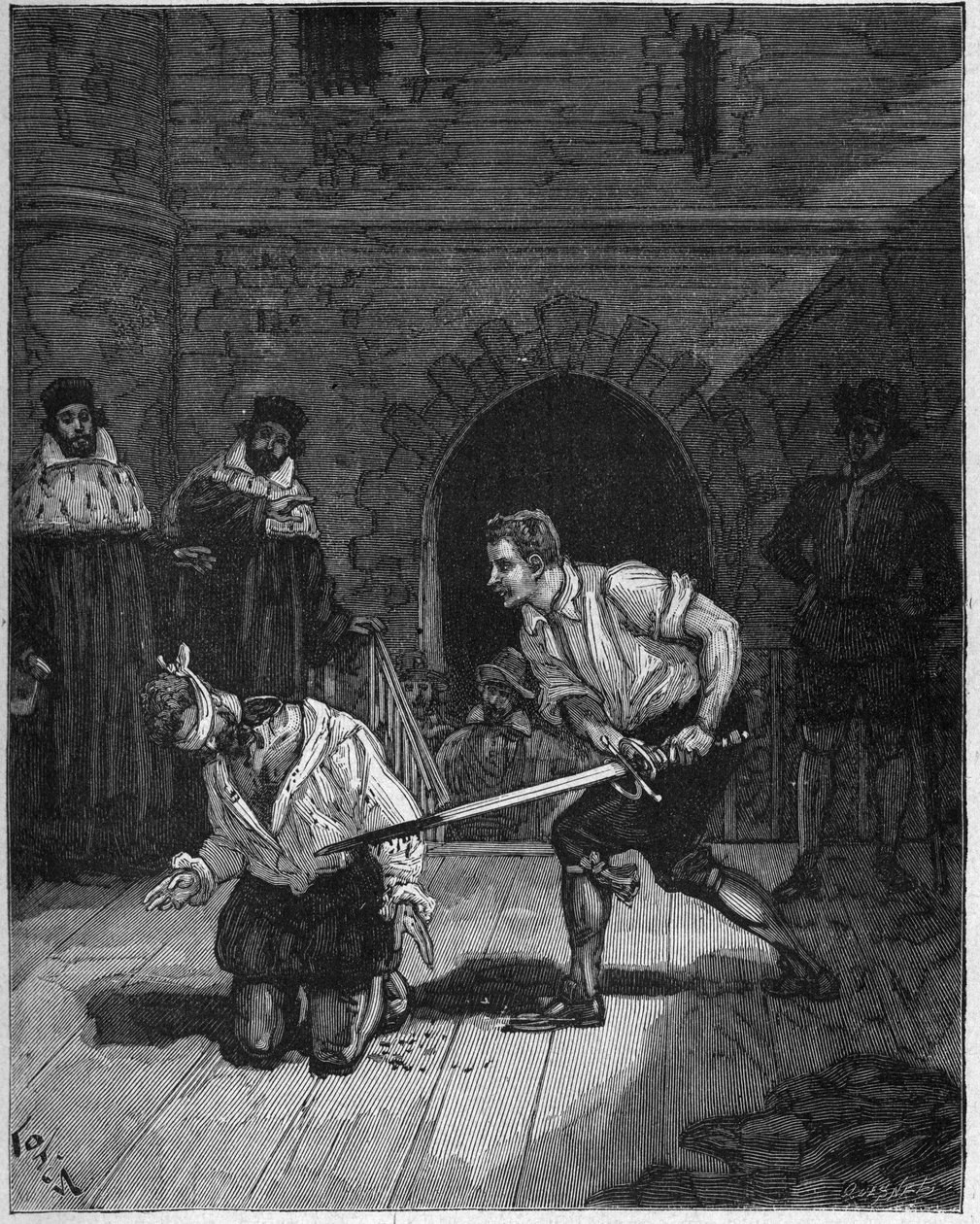 Executie van Charles de Gontaut Biron (1602): de maarschalk Charles de Gontaut Biron, gouverneur van Bourgondië (1562 - 1602) met zijn hoofd voor het samenzweren tegen de koning van Frankrijk Hendrik IV (1553-1610). Gravure uit de 19e eeuw. In 