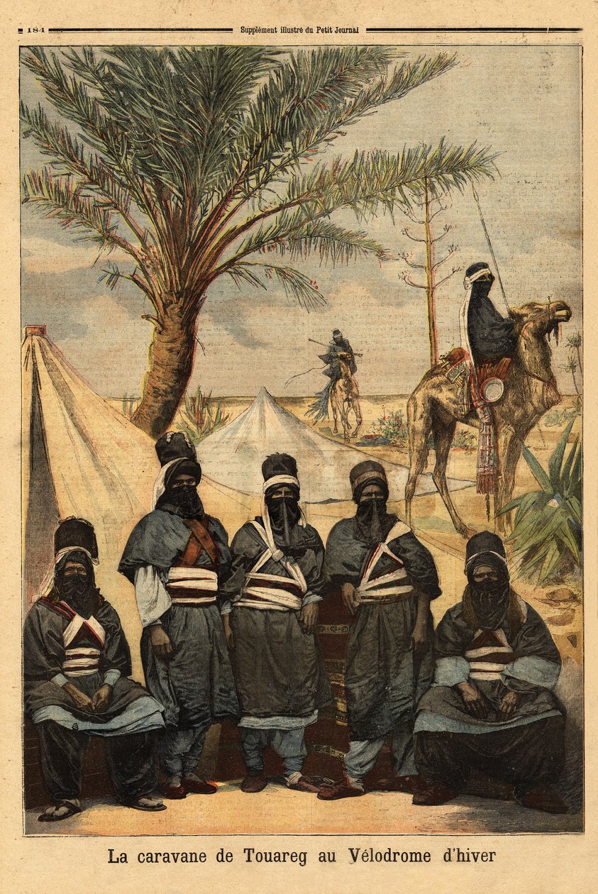 Tentoonstelling van de karavaan van de Toeareg in het wintervelodroom. Gravure in "Le petit journal" 4/06/1894. Selva