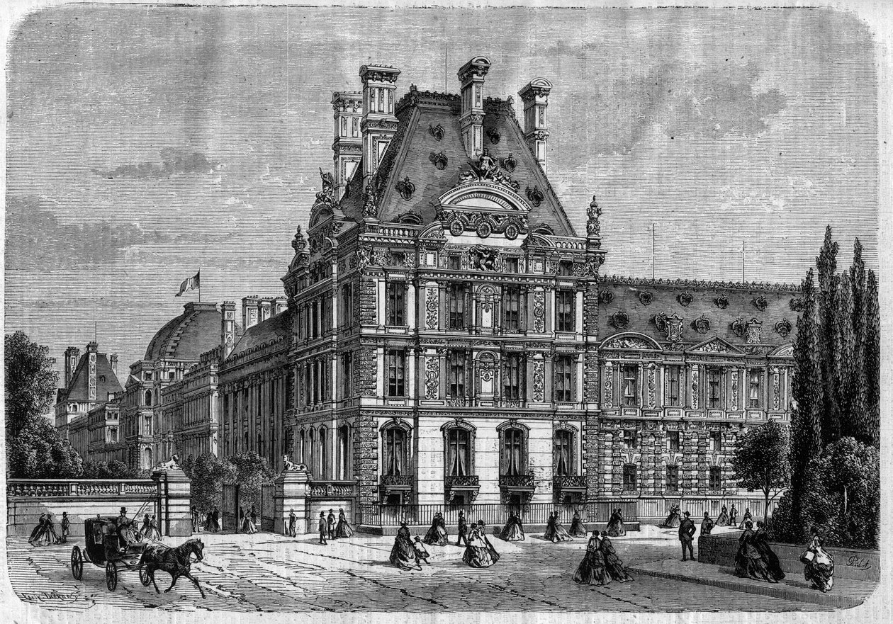 Buitenaanzicht van het Pavillon de Flore, bij het Palais des Tuileries, en de Galerie du bord de l