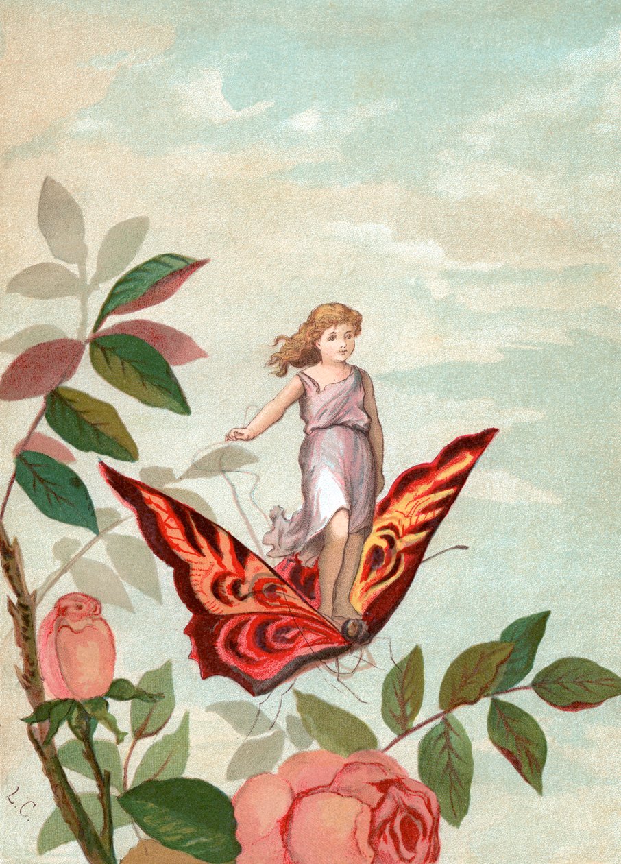 Fee die op een vlinder rijdt tussen rozen door Unknown artist