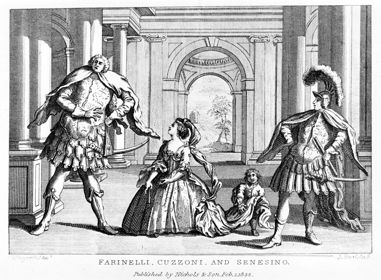 Farinelli (Carlo Broschi, genoemd; 1705 - 1782) met de sopraan Cuzzoni en de gecastreerde Francesco Bernardo Senesino (1680 - 1750) in de opera van George Frederick Handel door Unknown artist