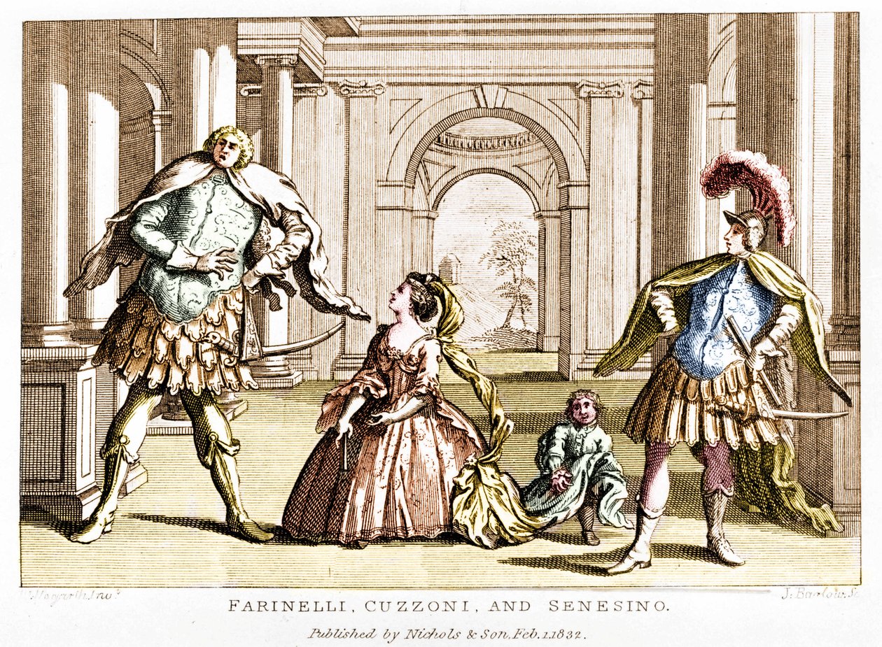 Farinelli (Carlo Broschi, genoemd; 1705 - 1782) met de sopraan Cuzzoni en de gecastreerde Francesco Bernardo Senesino (1680 - 1750) in de opera door George Frederick Handel door Unknown artist