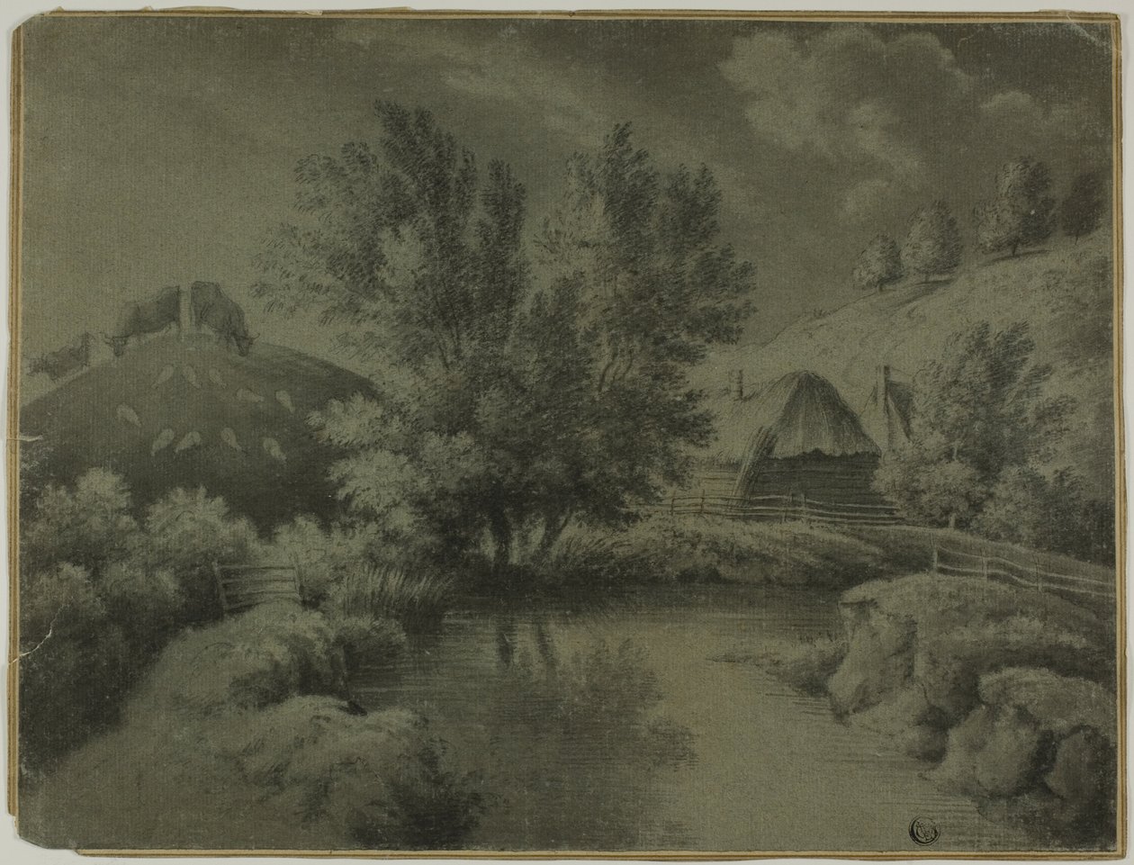 Boerderij met Vijver op de Voorgrond, Koeien Grazend op de Heuvel door Unknown artist