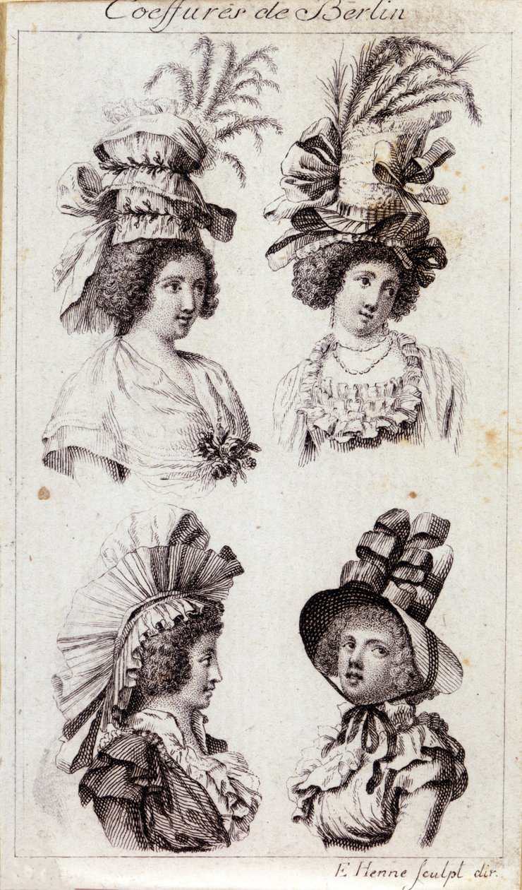 Mode 18e eeuw: de hoeden van Berlijnse vrouwen. Gravure uit 1793. door Unknown artist