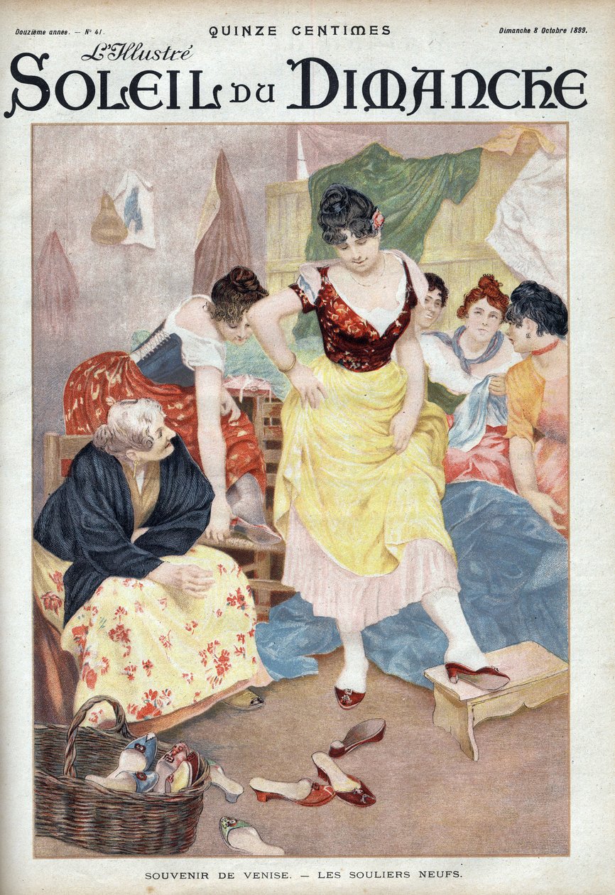 Mode eind 19e eeuw: nieuwe schoenen uit Venetië. Vrouwen passen schoenen uit de Italiaanse stad. Gravure in 