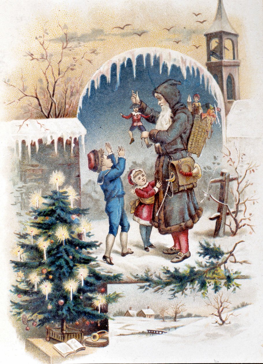 Kerstman met kinderen. Chromolithografie uit 1892 door Unknown artist